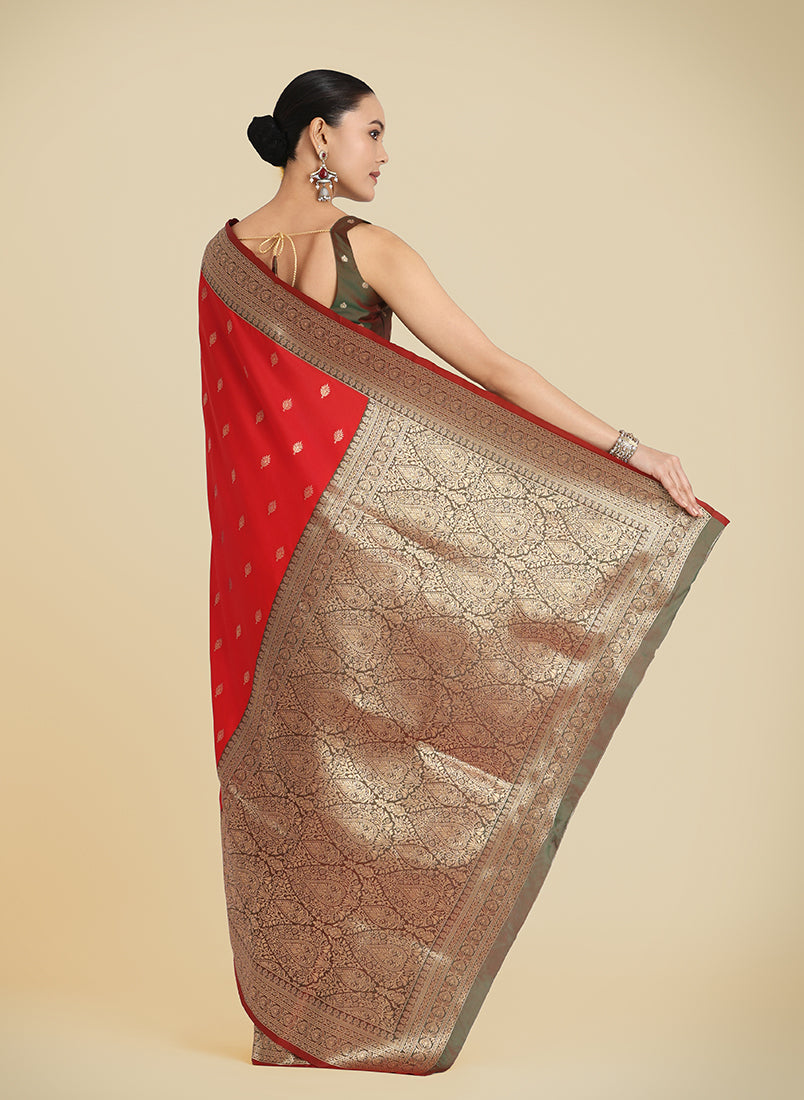 Monjolika Fashion Red Color Banarasi Soft Silk Trendy Saree | Grocsy