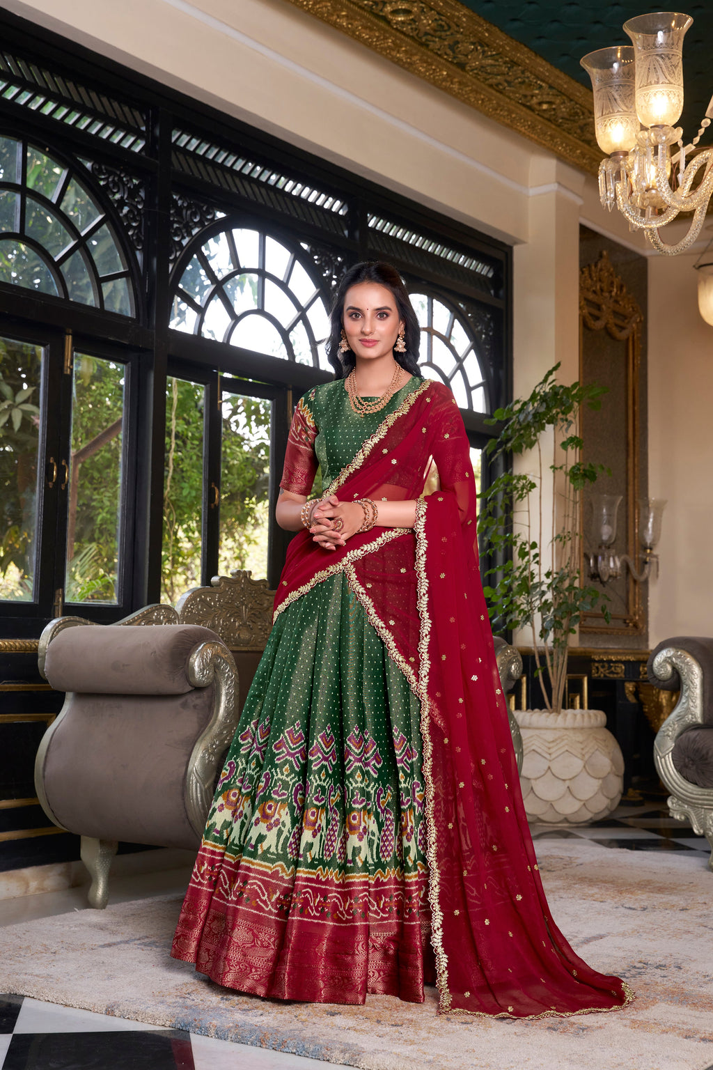 Lorenvalley Green Kanchipuram Printed With Zari Weaving Work Lehenga Choli with Dupatta | Grocsy