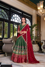 Lorenvalley Green Kanchipuram Printed With Zari Weaving Work Lehenga Choli with Dupatta | Grocsy