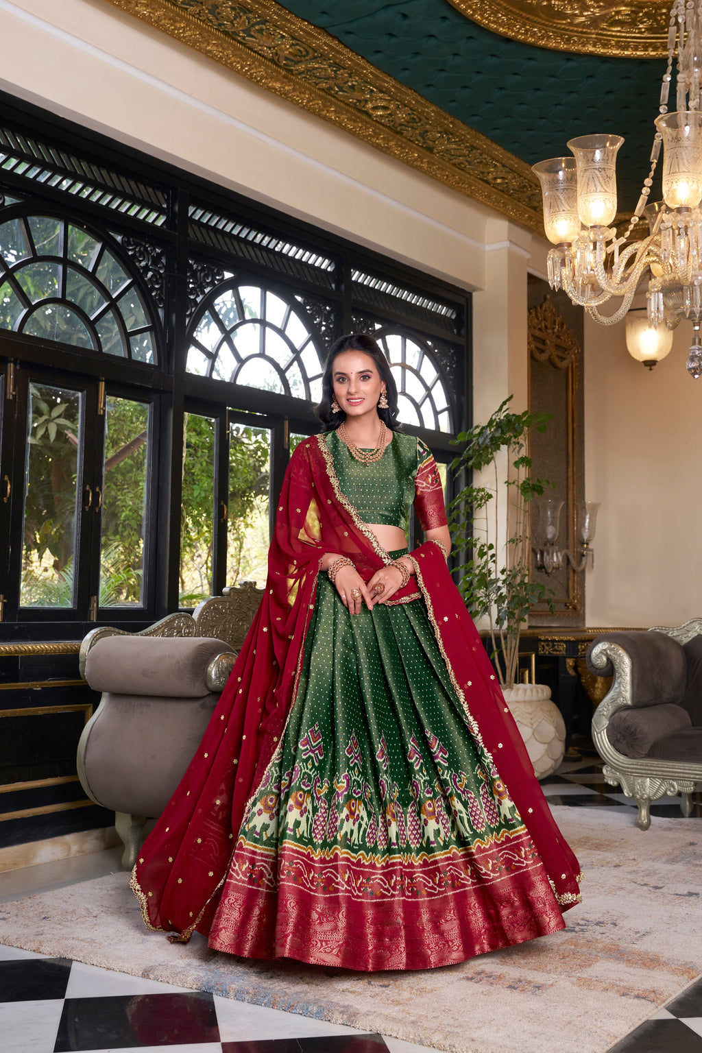 Lorenvalley Green Kanchipuram Printed With Zari Weaving Work Lehenga Choli with Dupatta | Grocsy