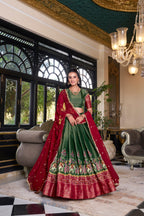 Lorenvalley Green Kanchipuram Printed With Zari Weaving Work Lehenga Choli with Dupatta | Grocsy