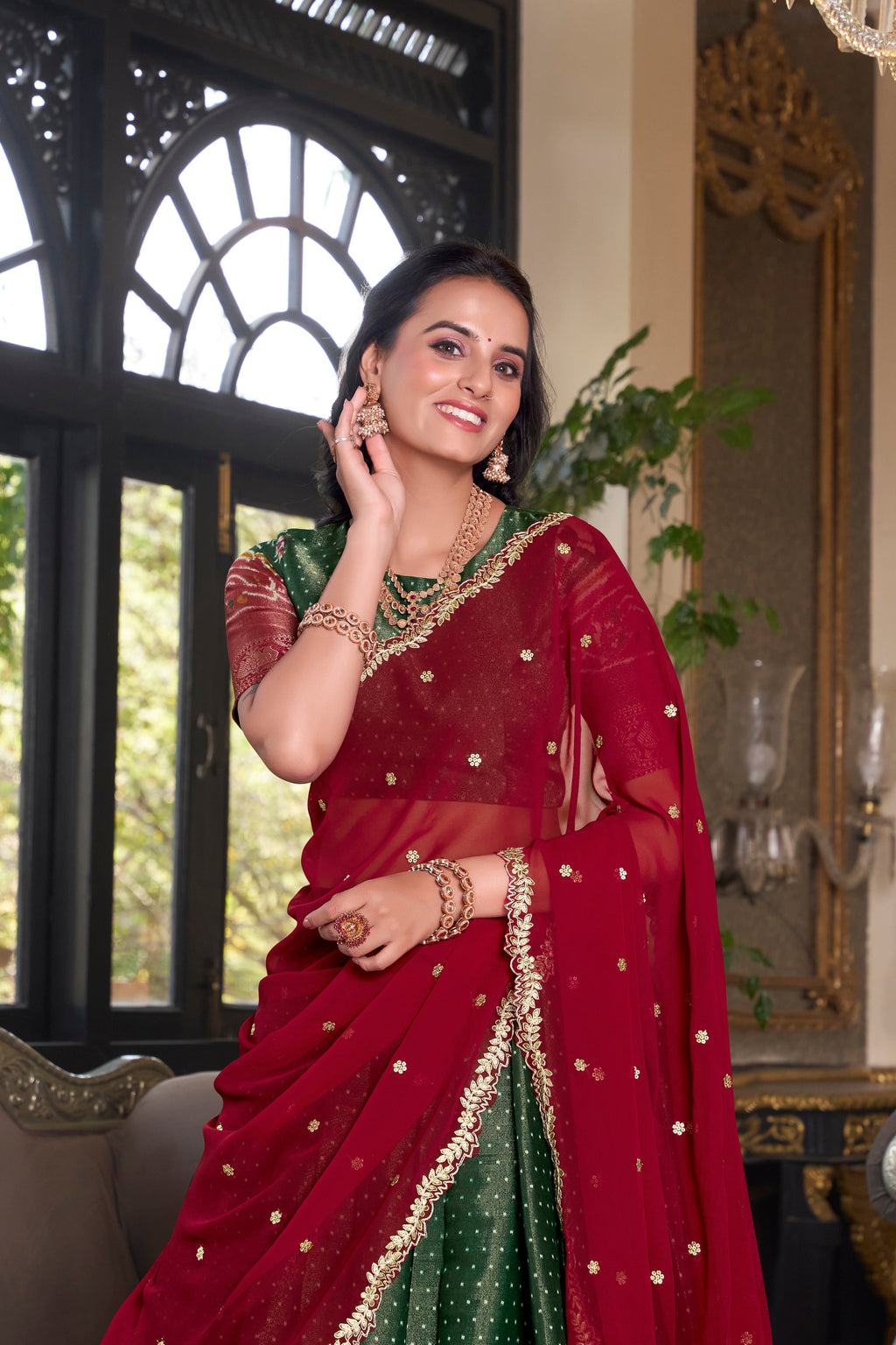 Lorenvalley Green Kanchipuram Printed With Zari Weaving Work Lehenga Choli with Dupatta | Grocsy