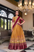 Lorenvalley Mustard Kanchipuram Printed With Zari Weaving Work Lehenga Choli with Dupatta | Grocsy