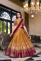 Lorenvalley Mustard Kanchipuram Printed With Zari Weaving Work Lehenga Choli with Dupatta | Grocsy