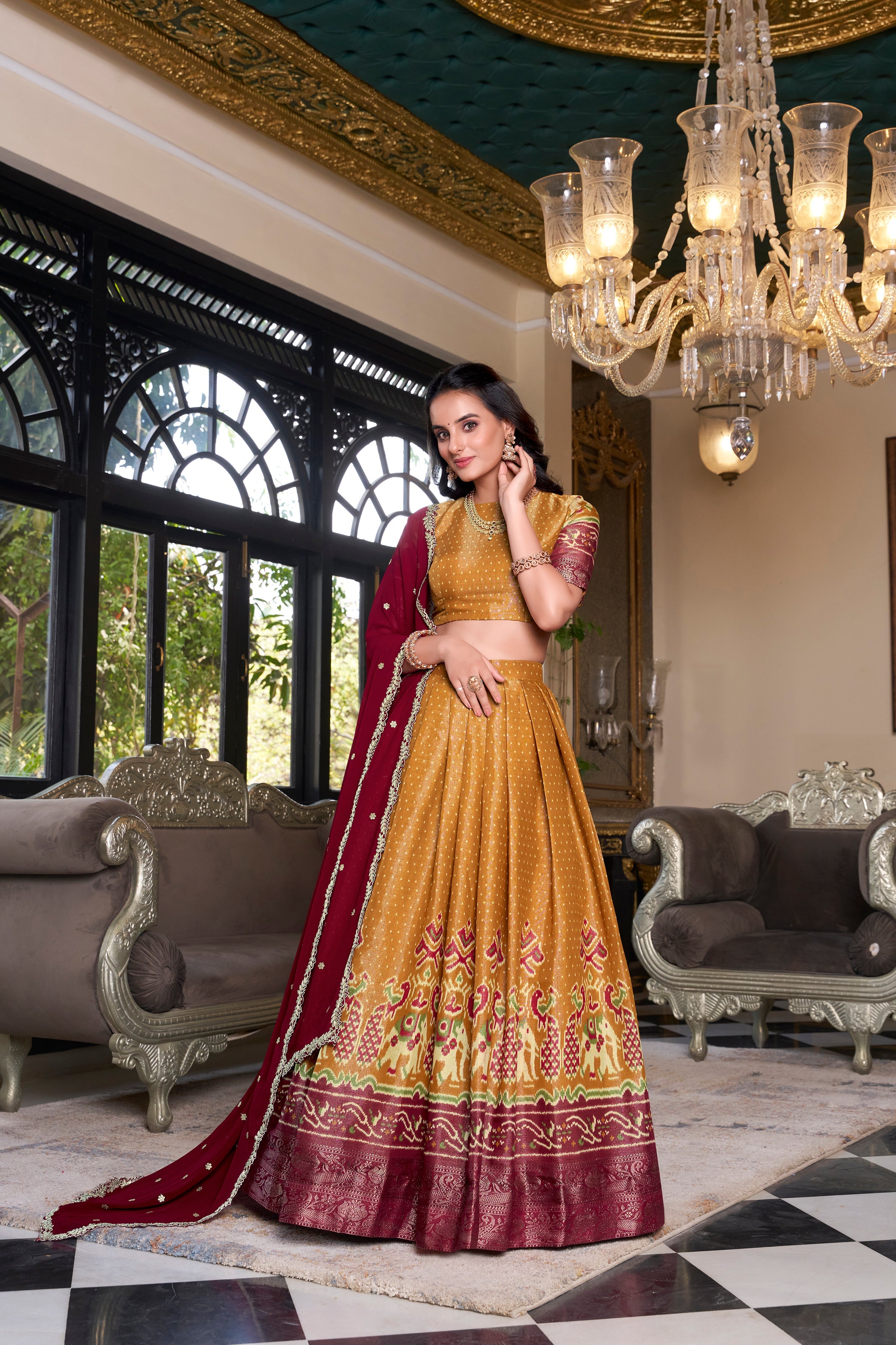 Lorenvalley Mustard Kanchipuram Printed With Zari Weaving Work Lehenga Choli with Dupatta | Grocsy