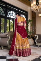 Lorenvalley Mustard Kanchipuram Printed With Zari Weaving Work Lehenga Choli with Dupatta | Grocsy