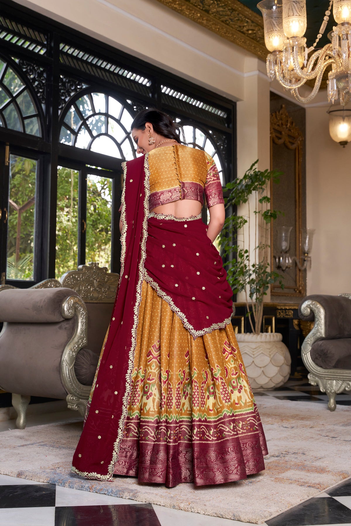 Lorenvalley Mustard Kanchipuram Printed With Zari Weaving Work Lehenga Choli with Dupatta | Grocsy