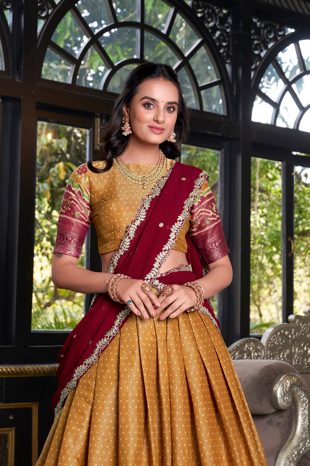 Lorenvalley Mustard Kanchipuram Printed With Zari Weaving Work Lehenga Choli with Dupatta | Grocsy