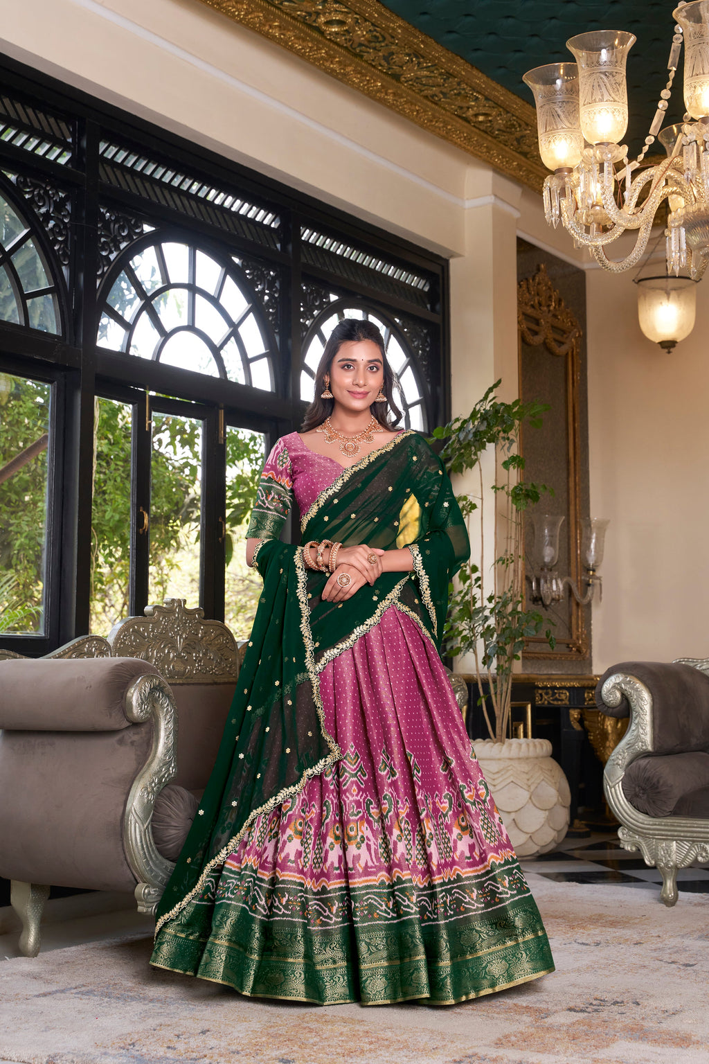 Lorenvalley Pink Kanchipuram Printed With Zari Weaving Work Lehenga Choli with Dupatta | Grocsy