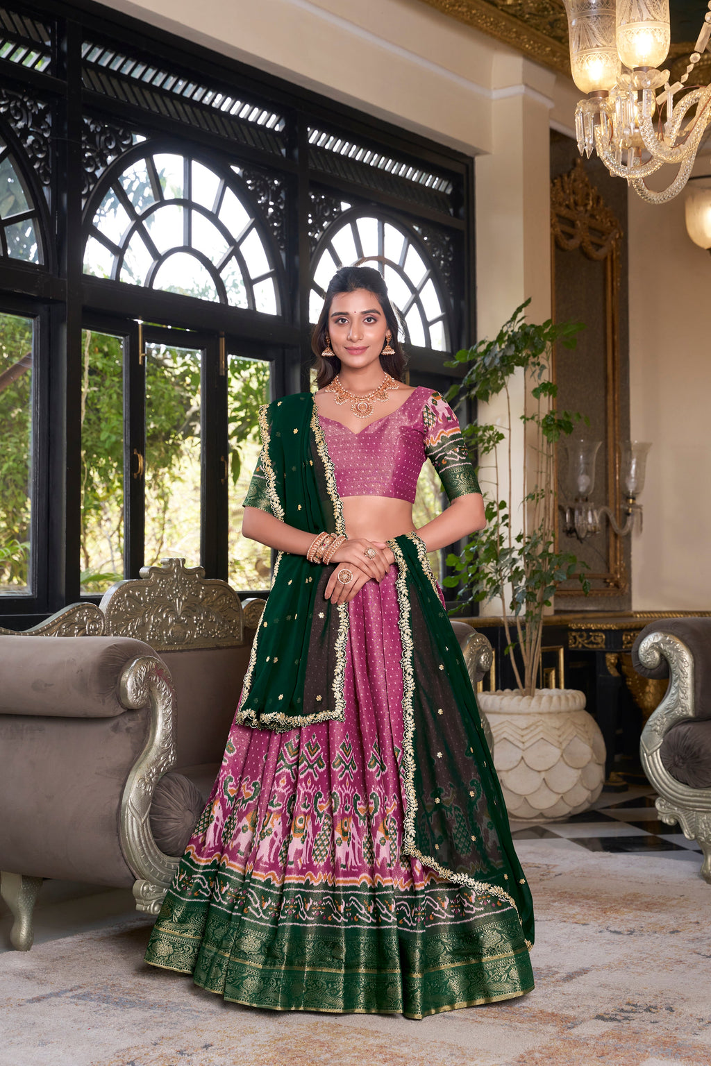 Lorenvalley Pink Kanchipuram Printed With Zari Weaving Work Lehenga Choli with Dupatta | Grocsy
