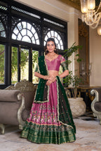 Lorenvalley Pink Kanchipuram Printed With Zari Weaving Work Lehenga Choli with Dupatta | Grocsy