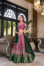Lorenvalley Pink Kanchipuram Printed With Zari Weaving Work Lehenga Choli with Dupatta | Grocsy