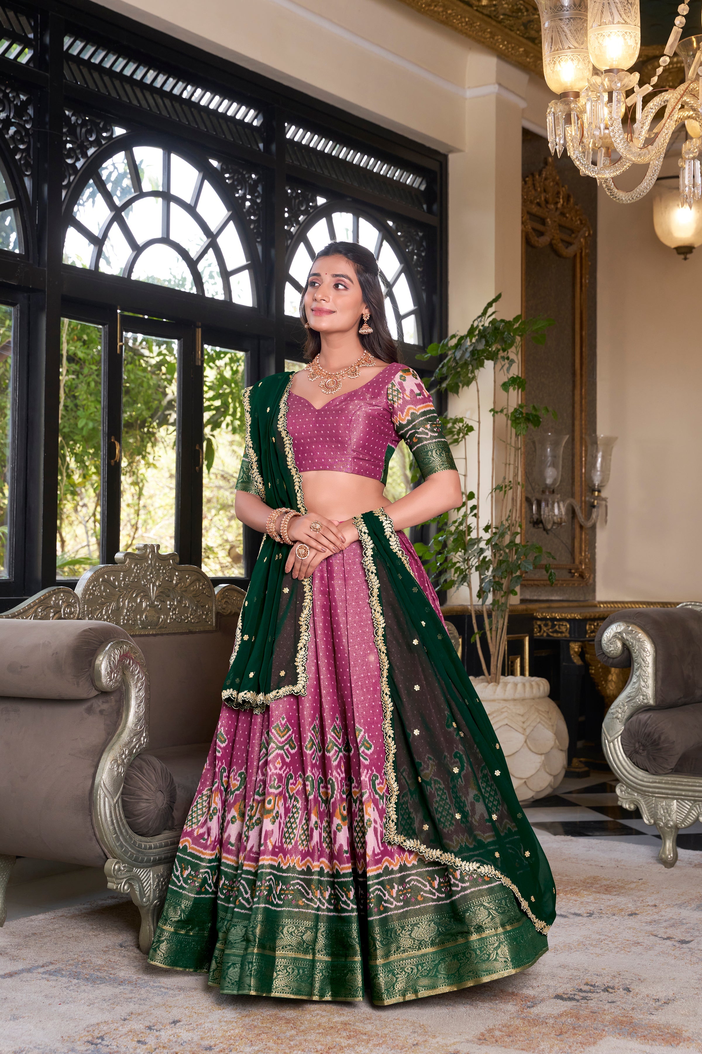 Lorenvalley Pink Kanchipuram Printed With Zari Weaving Work Lehenga Choli with Dupatta | Grocsy