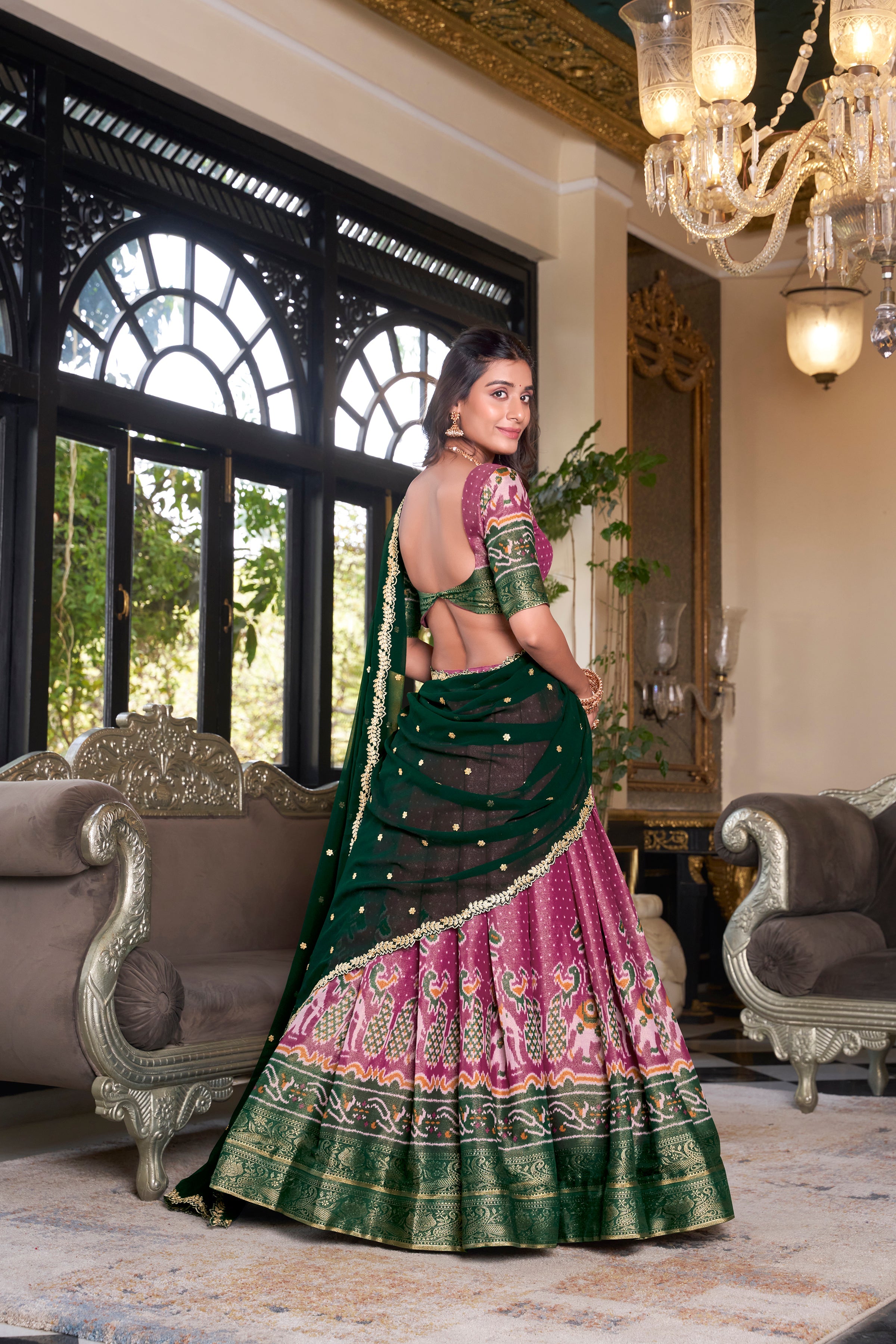 Lorenvalley Pink Kanchipuram Printed With Zari Weaving Work Lehenga Choli with Dupatta | Grocsy