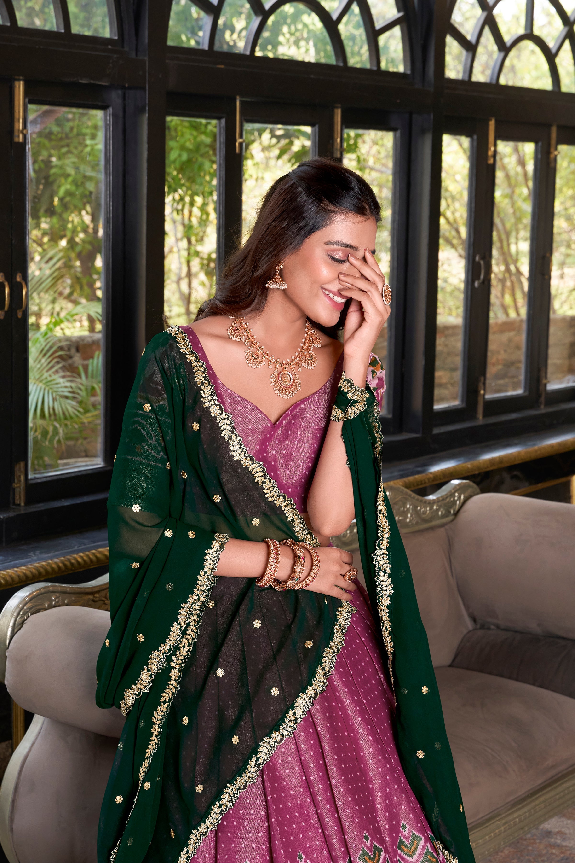 Lorenvalley Pink Kanchipuram Printed With Zari Weaving Work Lehenga Choli with Dupatta | Grocsy
