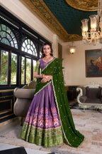 Lorenvalley Purple Kanchipuram Printed With Zari Weaving Work Lehenga Choli with Dupatta | Grocsy