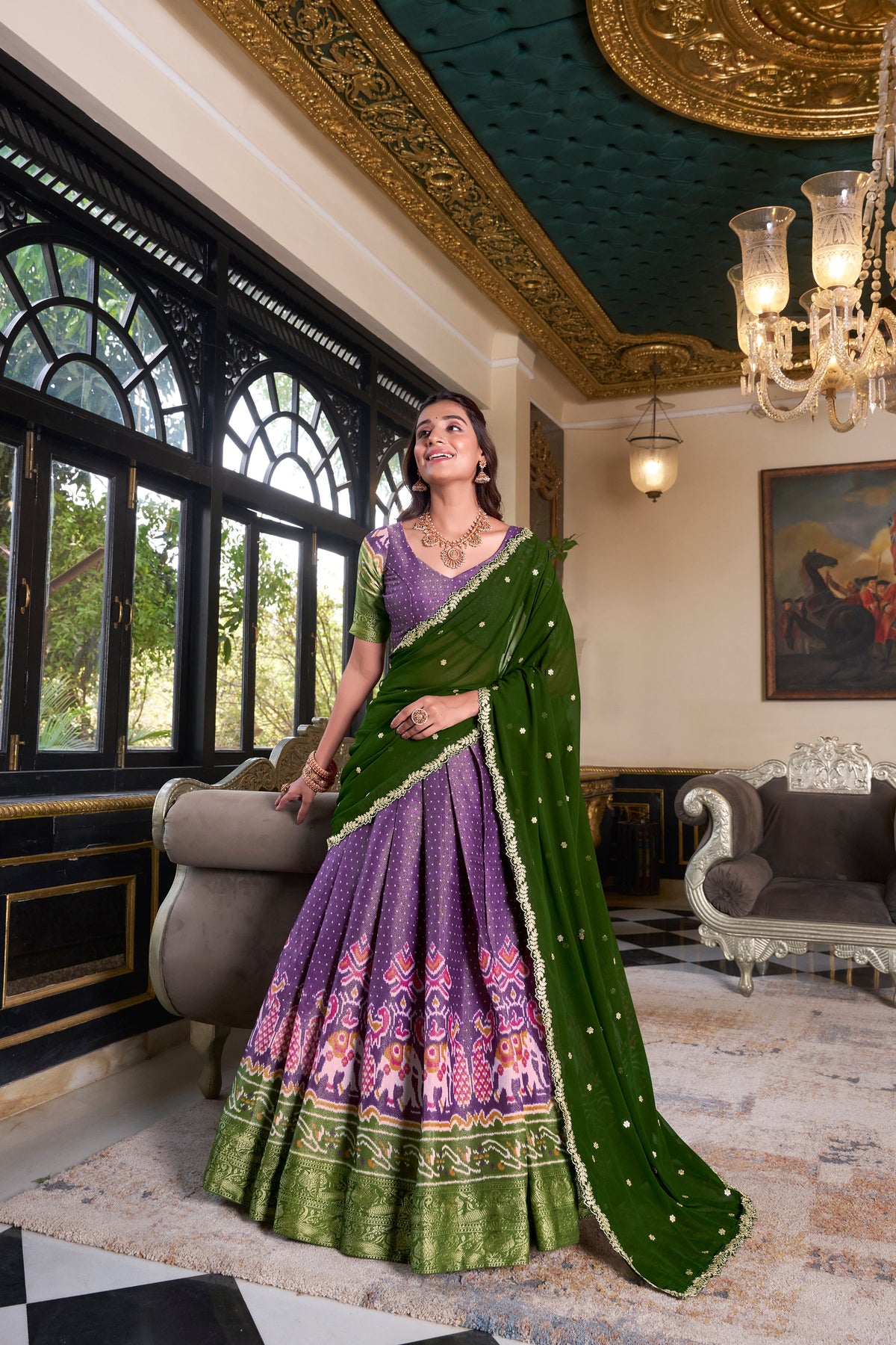 Lorenvalley Purple Kanchipuram Printed With Zari Weaving Work Lehenga Choli with Dupatta | Grocsy