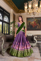 Lorenvalley Purple Kanchipuram Printed With Zari Weaving Work Lehenga Choli with Dupatta | Grocsy