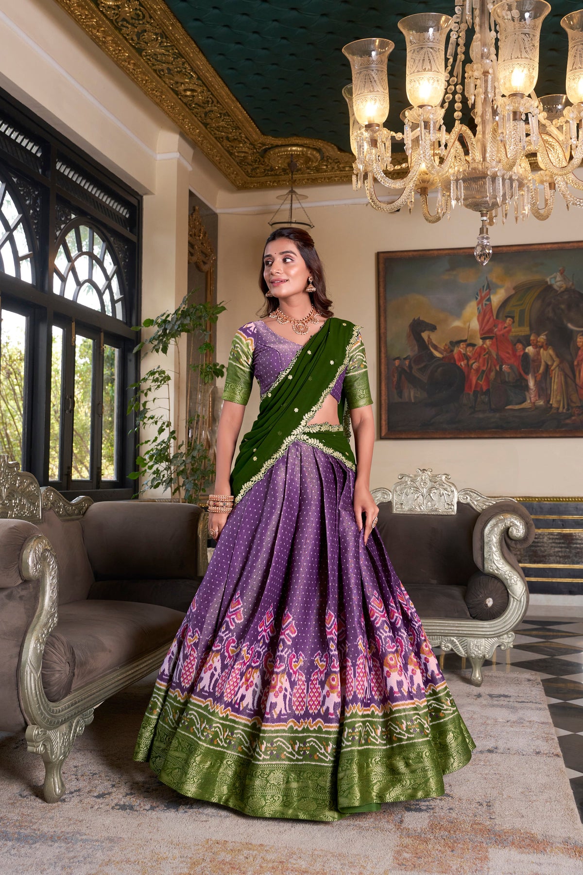 Lorenvalley Purple Kanchipuram Printed With Zari Weaving Work Lehenga Choli with Dupatta | Grocsy