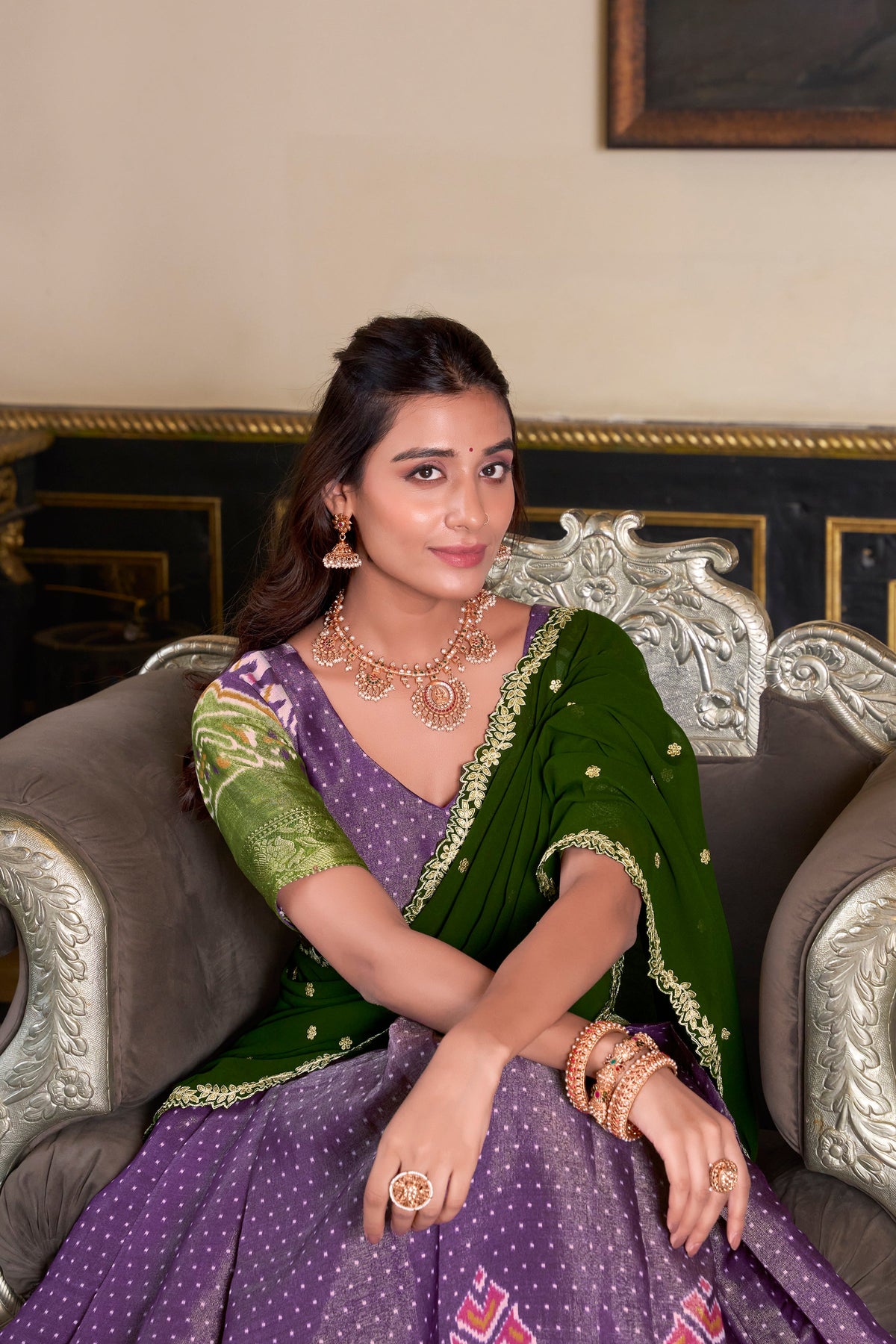 Lorenvalley Purple Kanchipuram Printed With Zari Weaving Work Lehenga Choli with Dupatta | Grocsy
