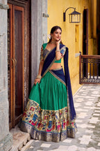 Lorenvalley Fashion Multicolor Poly Chanderi Zari Stripe Kalamkari Printed With Zari Weaving Work Lehenga Choli with Dupatta | Grocsy