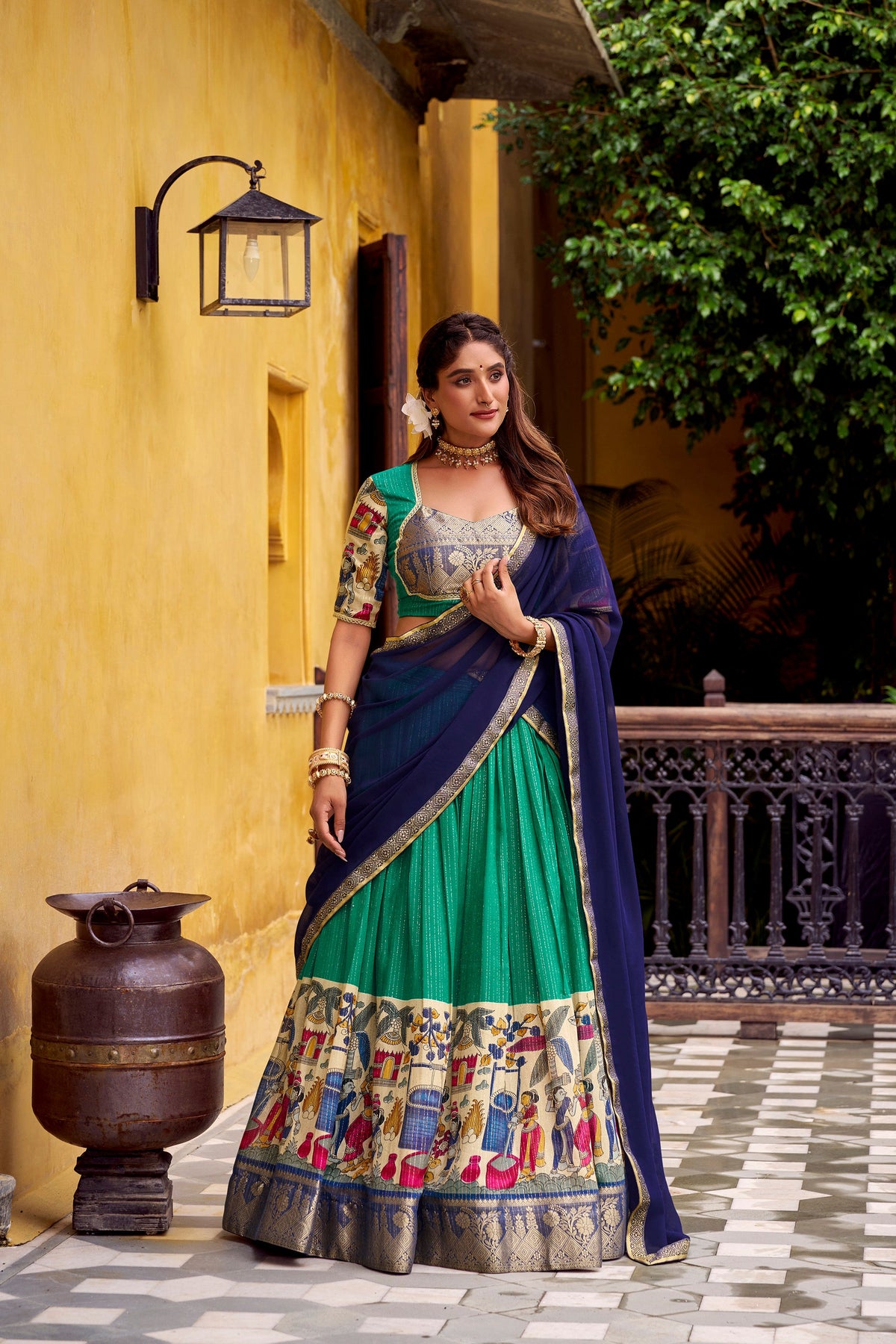 Lorenvalley Fashion Multicolor Poly Chanderi Zari Stripe Kalamkari Printed With Zari Weaving Work Lehenga Choli with Dupatta | Grocsy