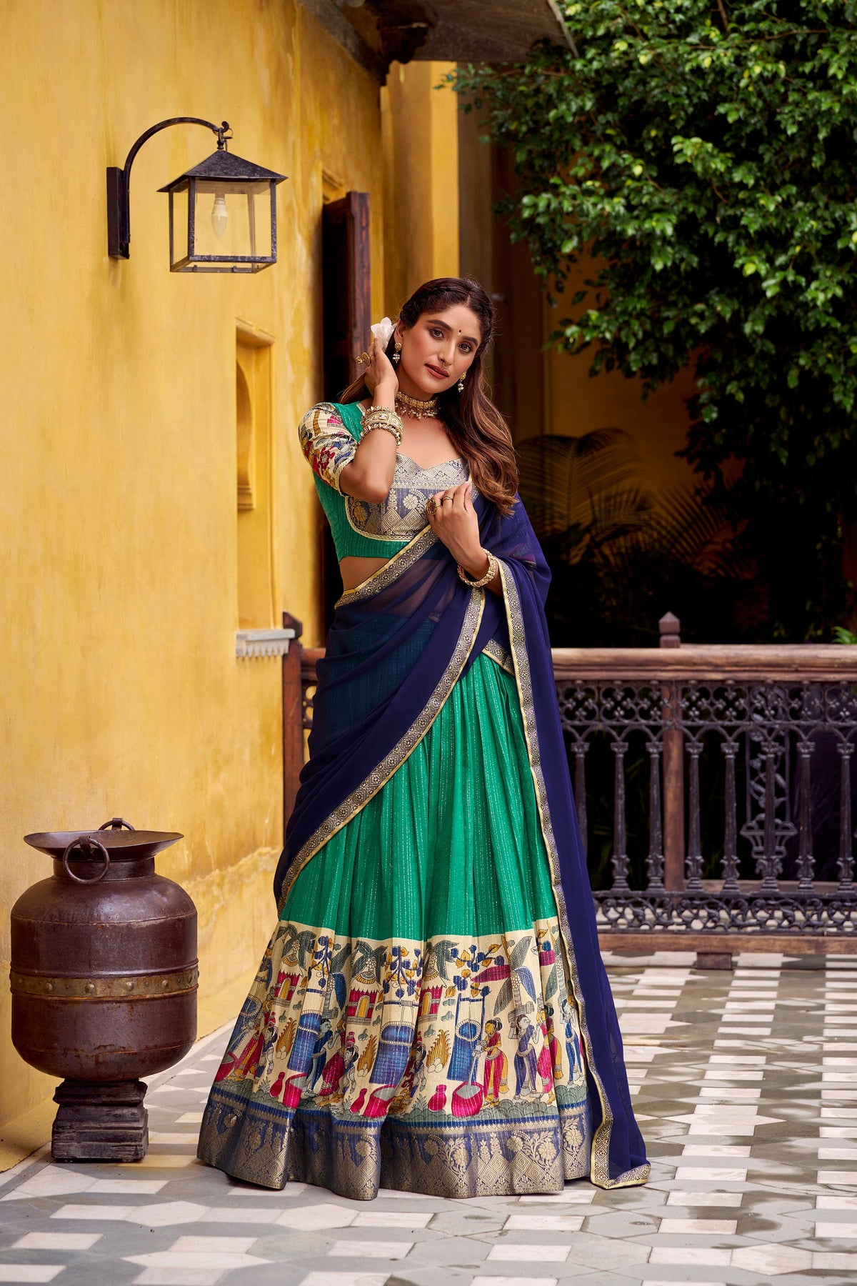Lorenvalley Fashion Multicolor Poly Chanderi Zari Stripe Kalamkari Printed With Zari Weaving Work Lehenga Choli with Dupatta | Grocsy