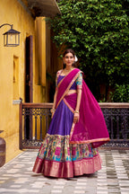 Lorenvalley Fashion Multicolor Poly Chanderi Zari Stripe Kalamkari Printed With Zari Weaving Work Lehenga Choli with Dupatta | Grocsy