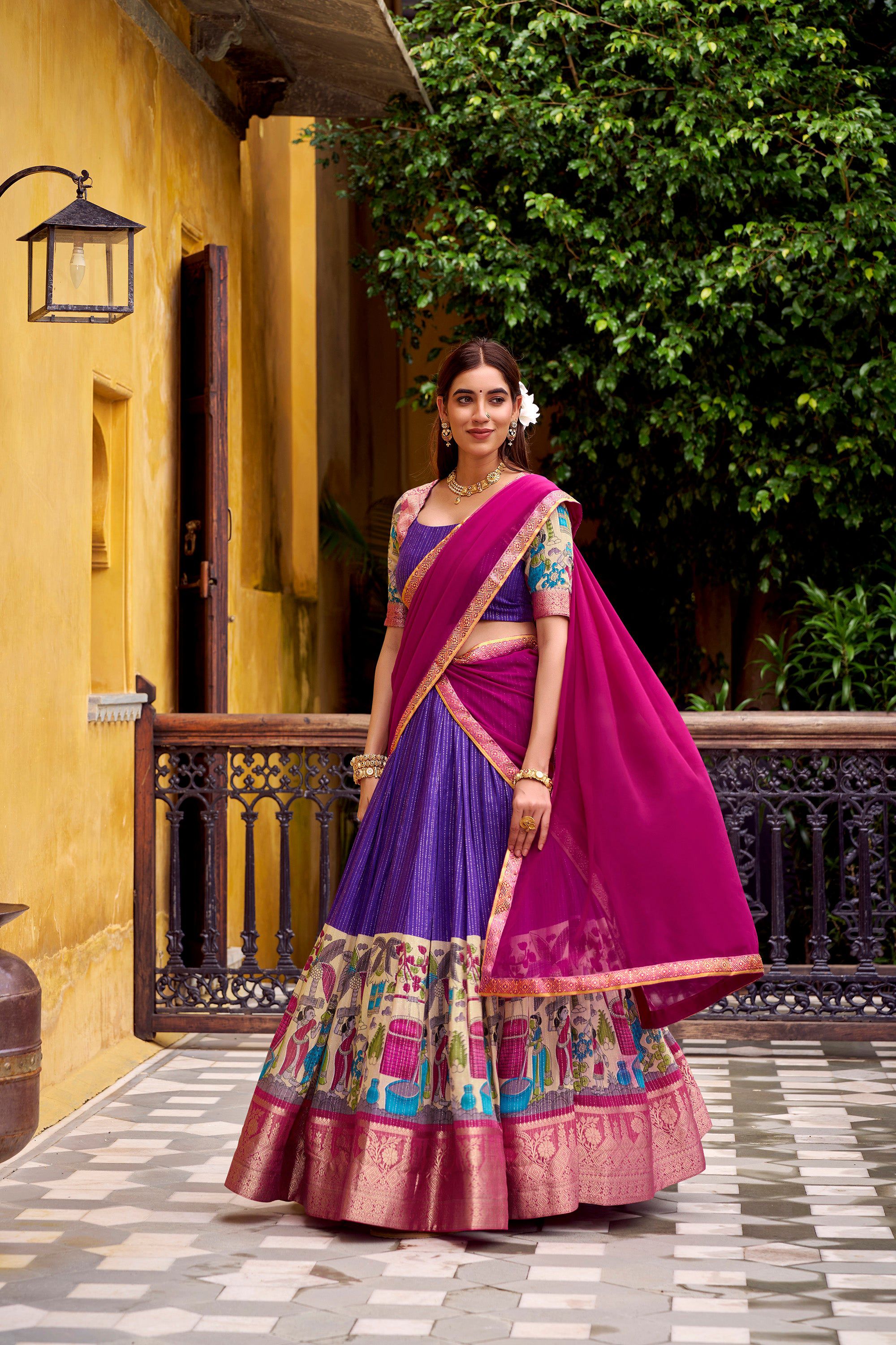 Lorenvalley Fashion Multicolor Poly Chanderi Zari Stripe Kalamkari Printed With Zari Weaving Work Lehenga Choli with Dupatta | Grocsy