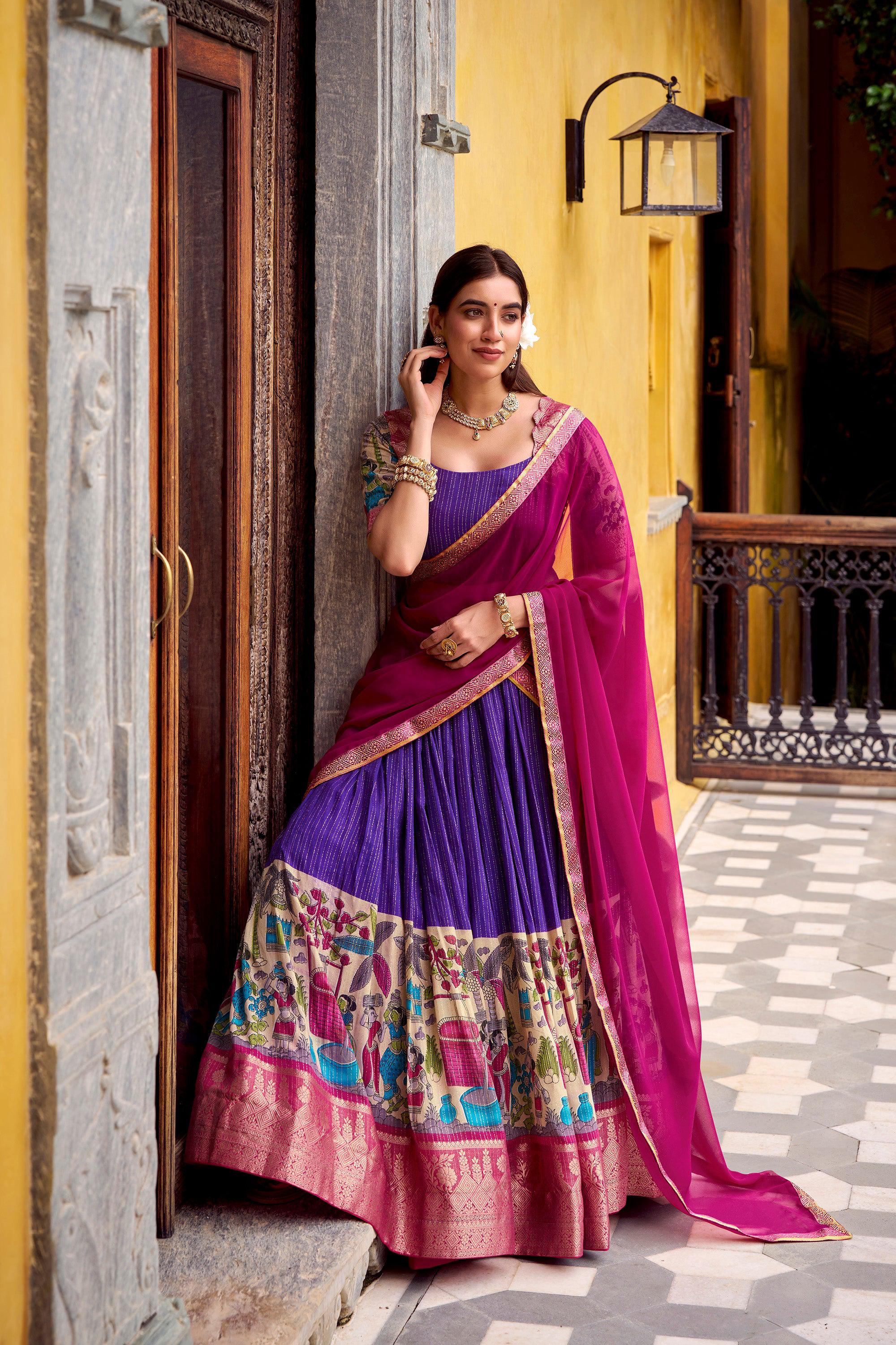 Lorenvalley Fashion Multicolor Poly Chanderi Zari Stripe Kalamkari Printed With Zari Weaving Work Lehenga Choli with Dupatta | Grocsy
