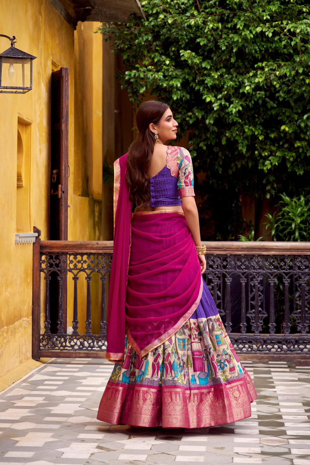 Lorenvalley Fashion Multicolor Poly Chanderi Zari Stripe Kalamkari Printed With Zari Weaving Work Lehenga Choli with Dupatta | Grocsy