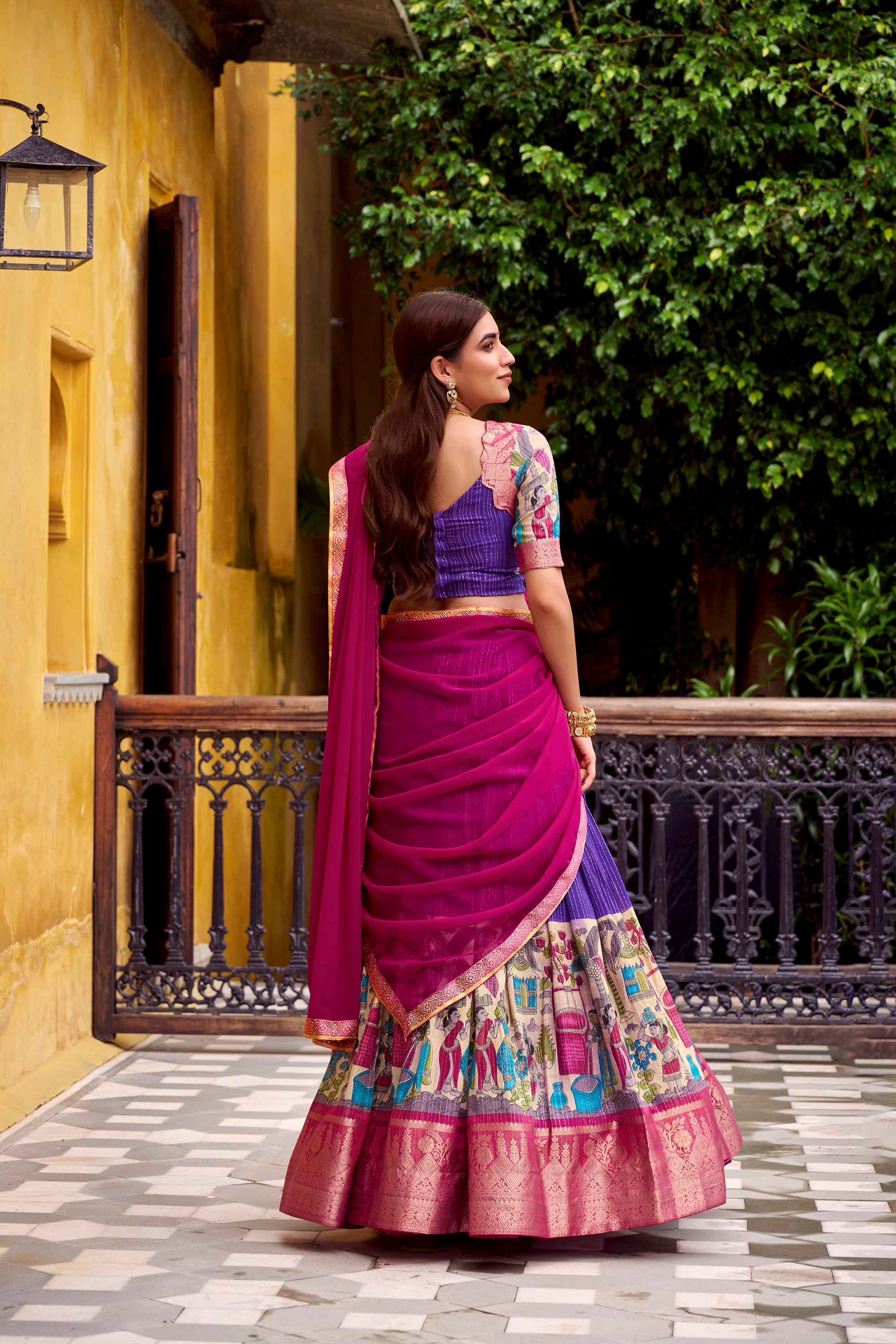 Lorenvalley Fashion Multicolor Poly Chanderi Zari Stripe Kalamkari Printed With Zari Weaving Work Lehenga Choli with Dupatta | Grocsy