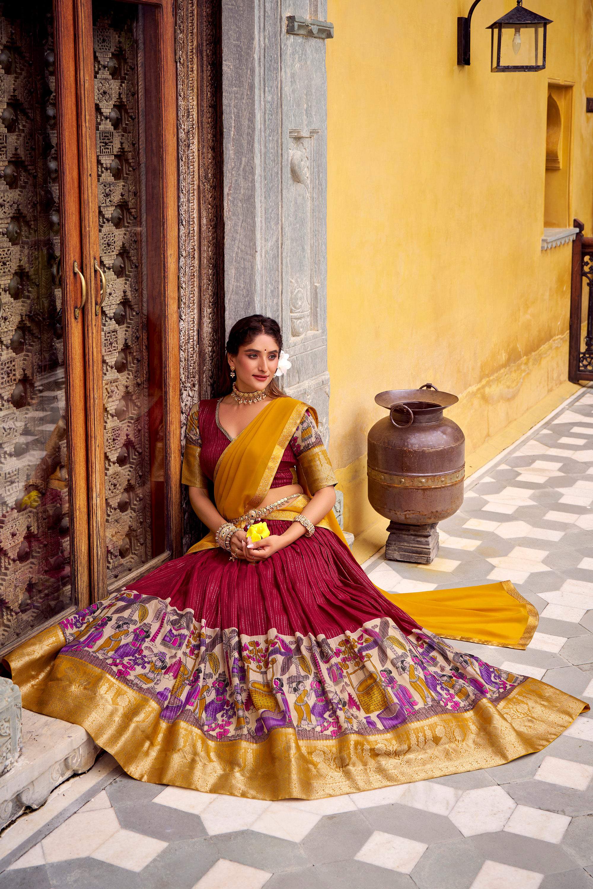 Lorenvalley Fashion Multicolor Poly Chanderi Zari Stripe Kalamkari Printed With Zari Weaving Work Lehenga Choli with Dupatta | Grocsy