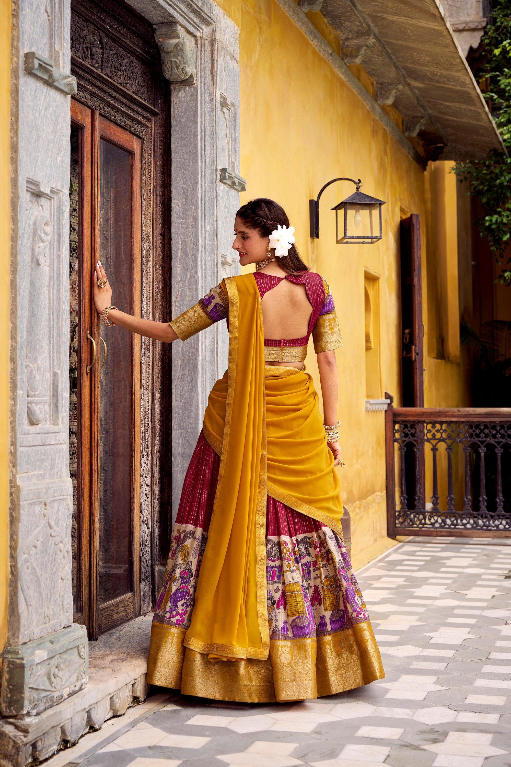 Lorenvalley Fashion Multicolor Poly Chanderi Zari Stripe Kalamkari Printed With Zari Weaving Work Lehenga Choli with Dupatta | Grocsy