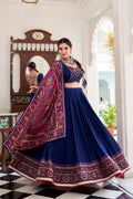 Lorenvalley Fashion Navyblue Tasar Silk Gamthi Print With Embossed Design And Gotta Patti Lace Touch Up Lehenga Choli with Dupatta | Grocsy