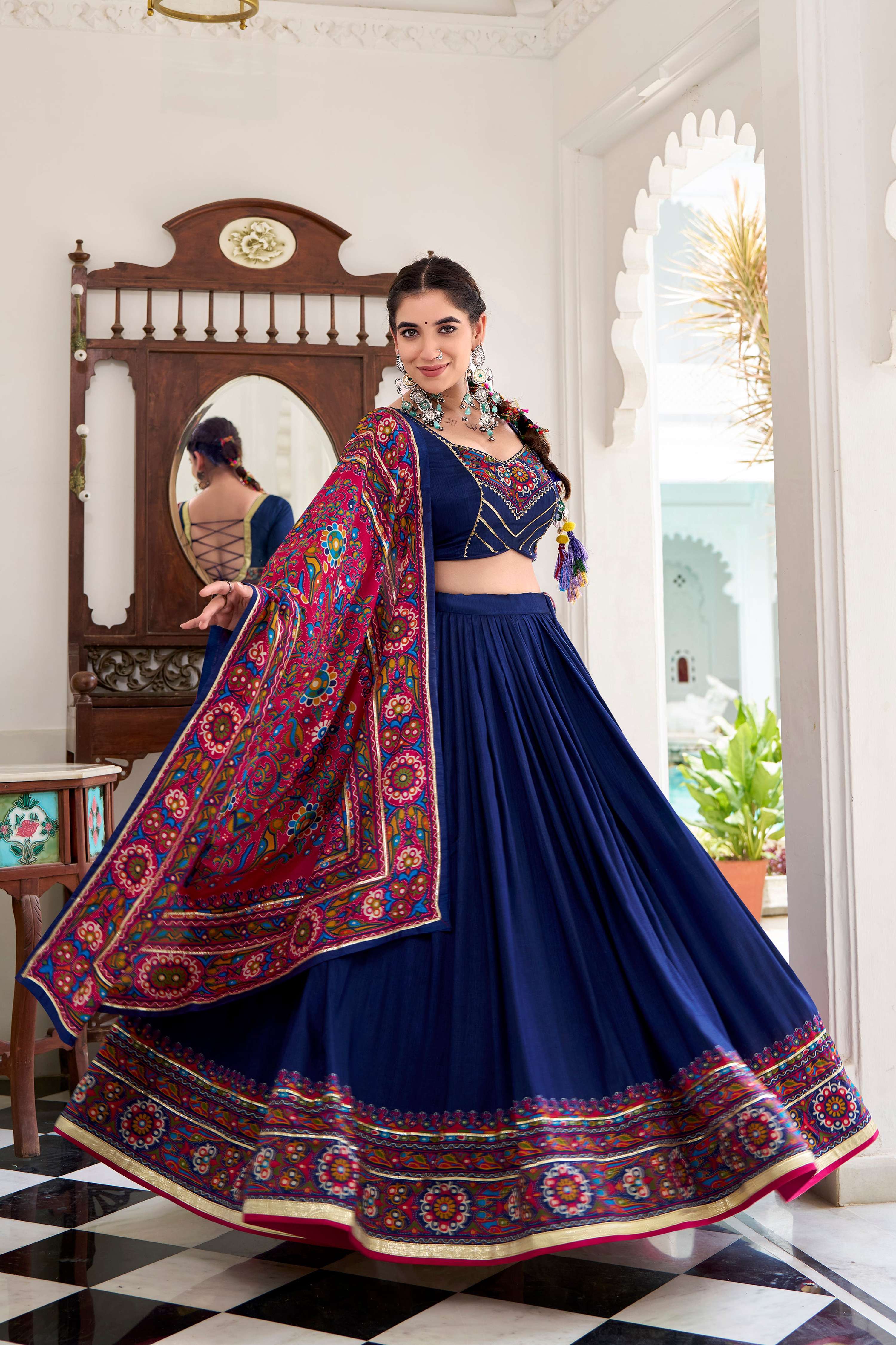 Lorenvalley Fashion Navyblue Tasar Silk Gamthi Print With Embossed Design And Gotta Patti Lace Touch Up Lehenga Choli with Dupatta | Grocsy
