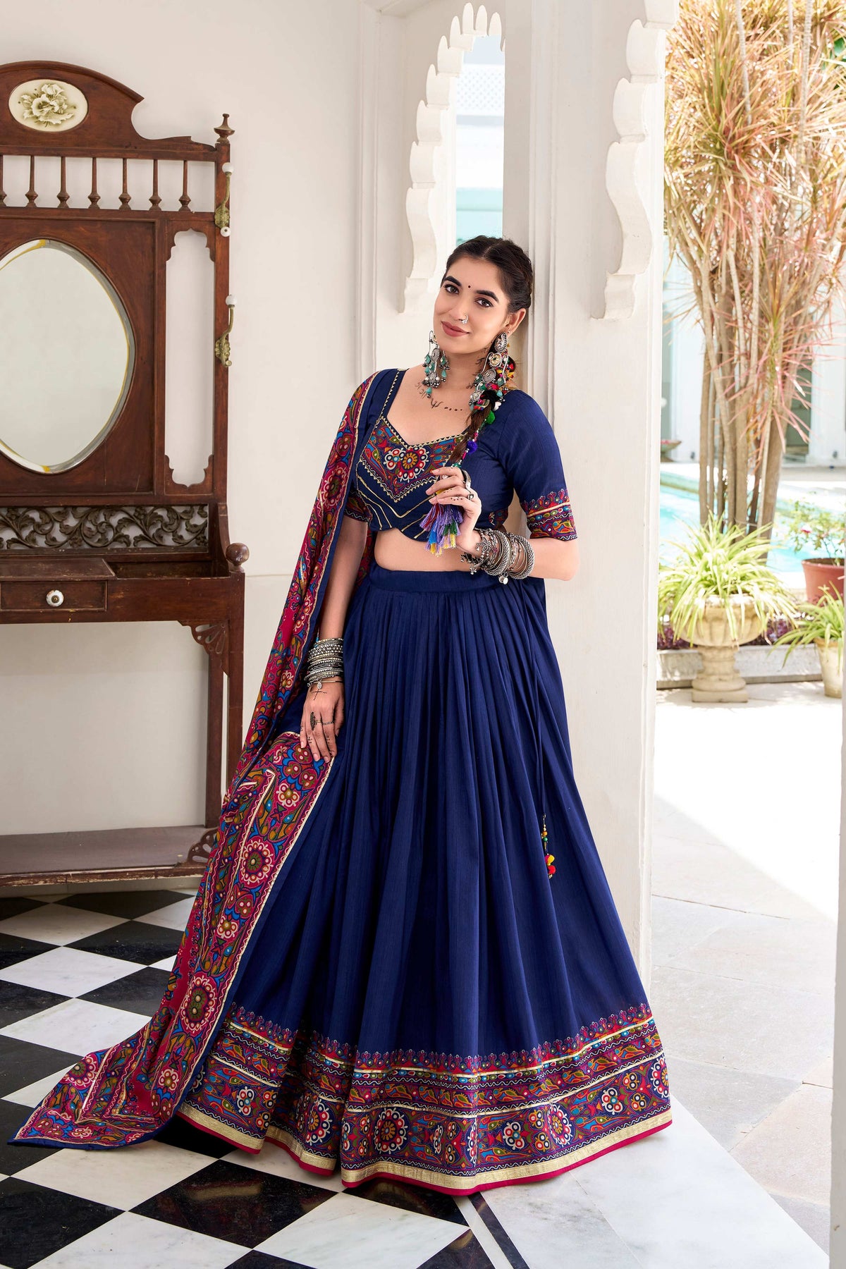 Lorenvalley Fashion Navyblue Tasar Silk Gamthi Print With Embossed Design And Gotta Patti Lace Touch Up Lehenga Choli with Dupatta | Grocsy