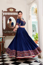 Lorenvalley Fashion Navyblue Tasar Silk Gamthi Print With Embossed Design And Gotta Patti Lace Touch Up Lehenga Choli with Dupatta | Grocsy