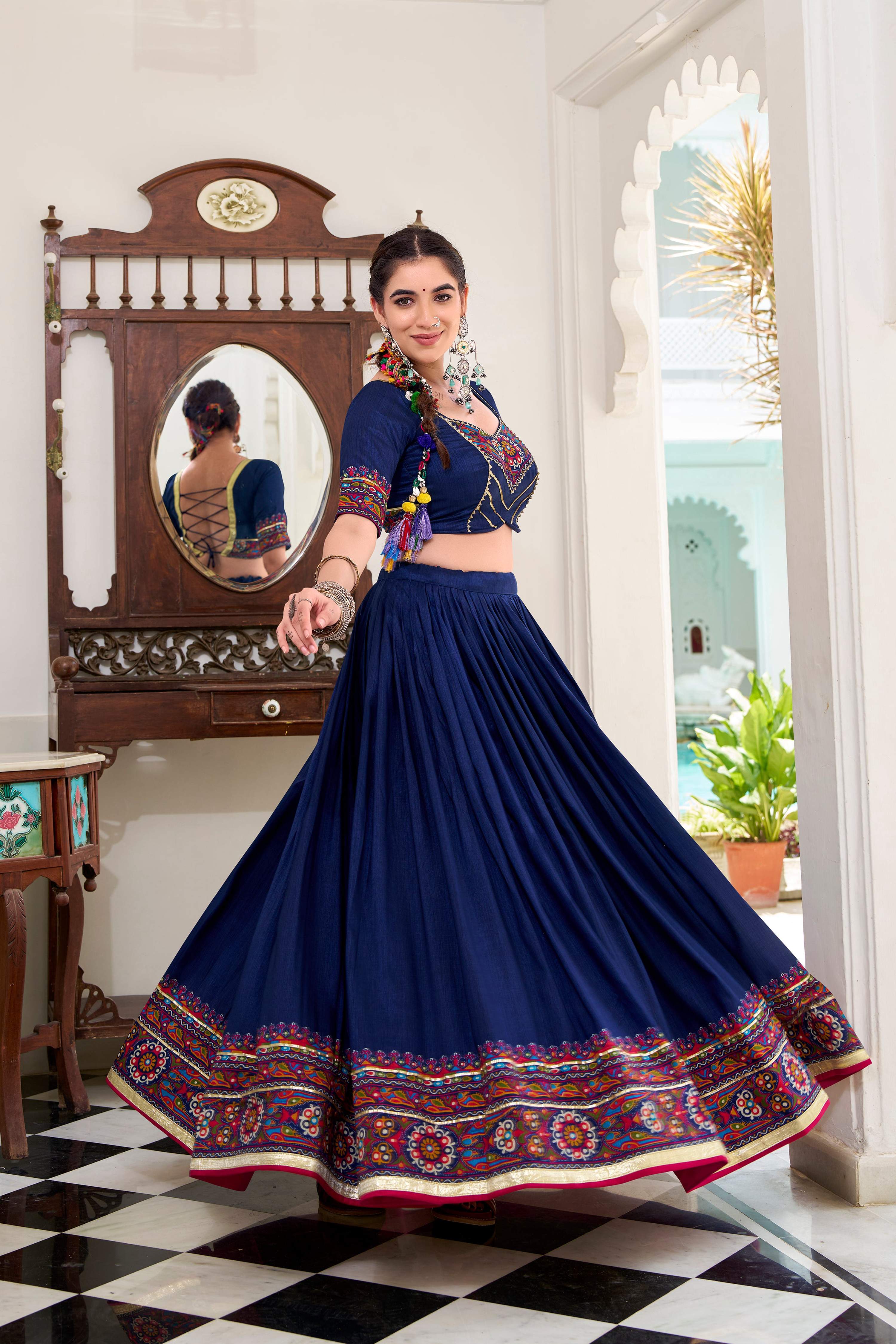 Lorenvalley Fashion Navyblue Tasar Silk Gamthi Print With Embossed Design And Gotta Patti Lace Touch Up Lehenga Choli with Dupatta | Grocsy