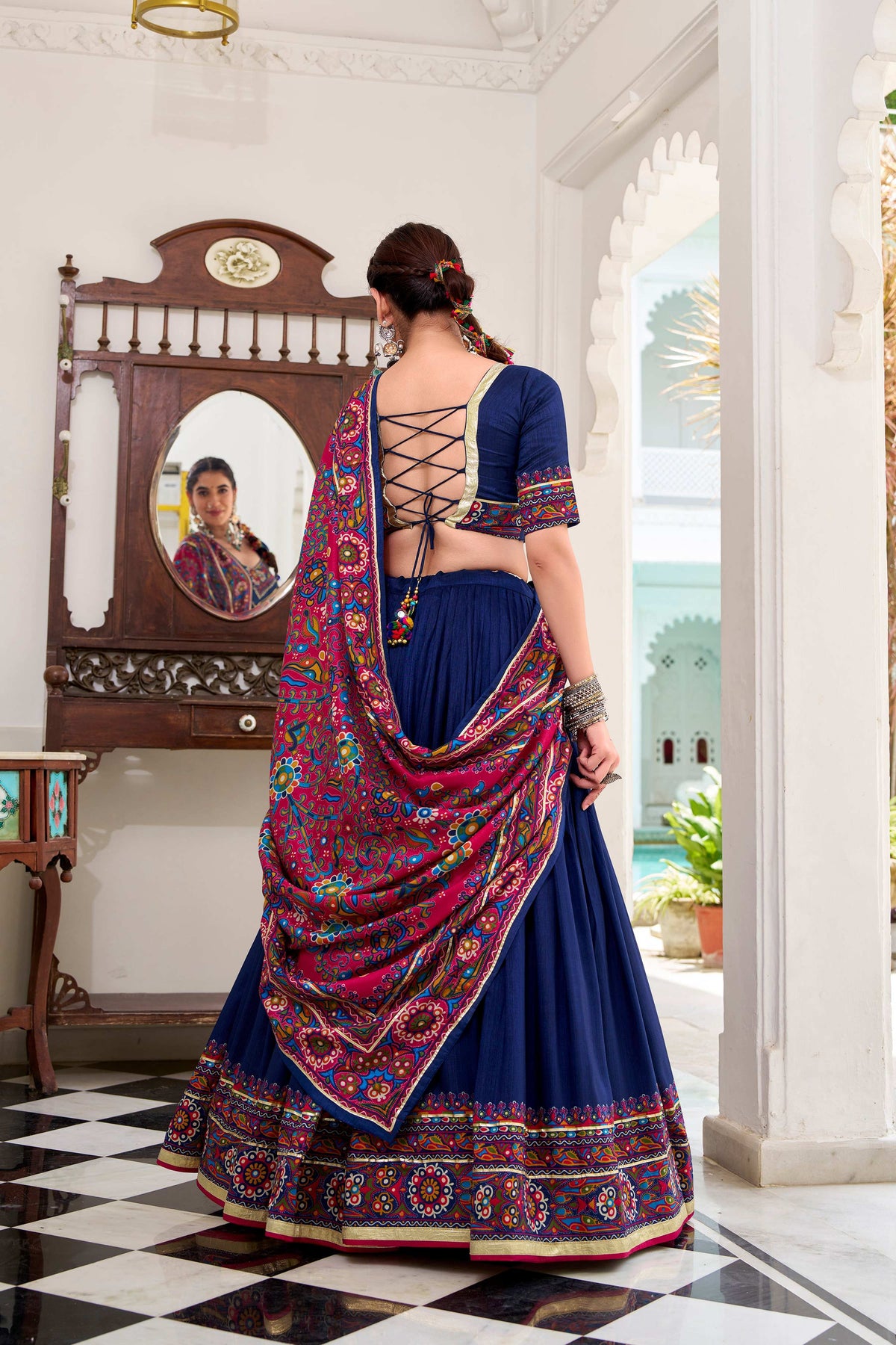 Lorenvalley Fashion Navyblue Tasar Silk Gamthi Print With Embossed Design And Gotta Patti Lace Touch Up Lehenga Choli with Dupatta | Grocsy