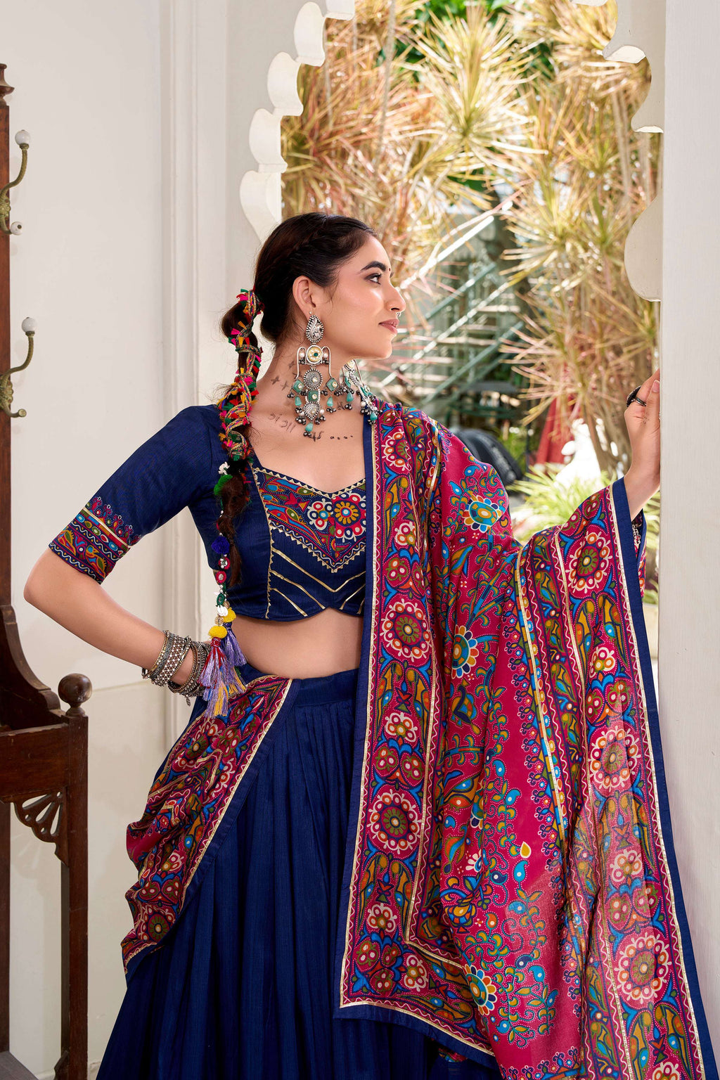 Lorenvalley Fashion Navyblue Tasar Silk Gamthi Print With Embossed Design And Gotta Patti Lace Touch Up Lehenga Choli with Dupatta | Grocsy