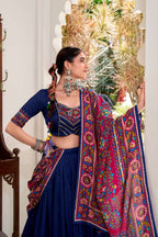 Lorenvalley Fashion Navyblue Tasar Silk Gamthi Print With Embossed Design And Gotta Patti Lace Touch Up Lehenga Choli with Dupatta | Grocsy