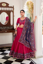 Lorenvalley Fashion Pink Tasar Silk Gamthi Print With Embossed Design And Gotta Patti Lace Touch Up Lehenga Choli with Dupatta | Grocsy