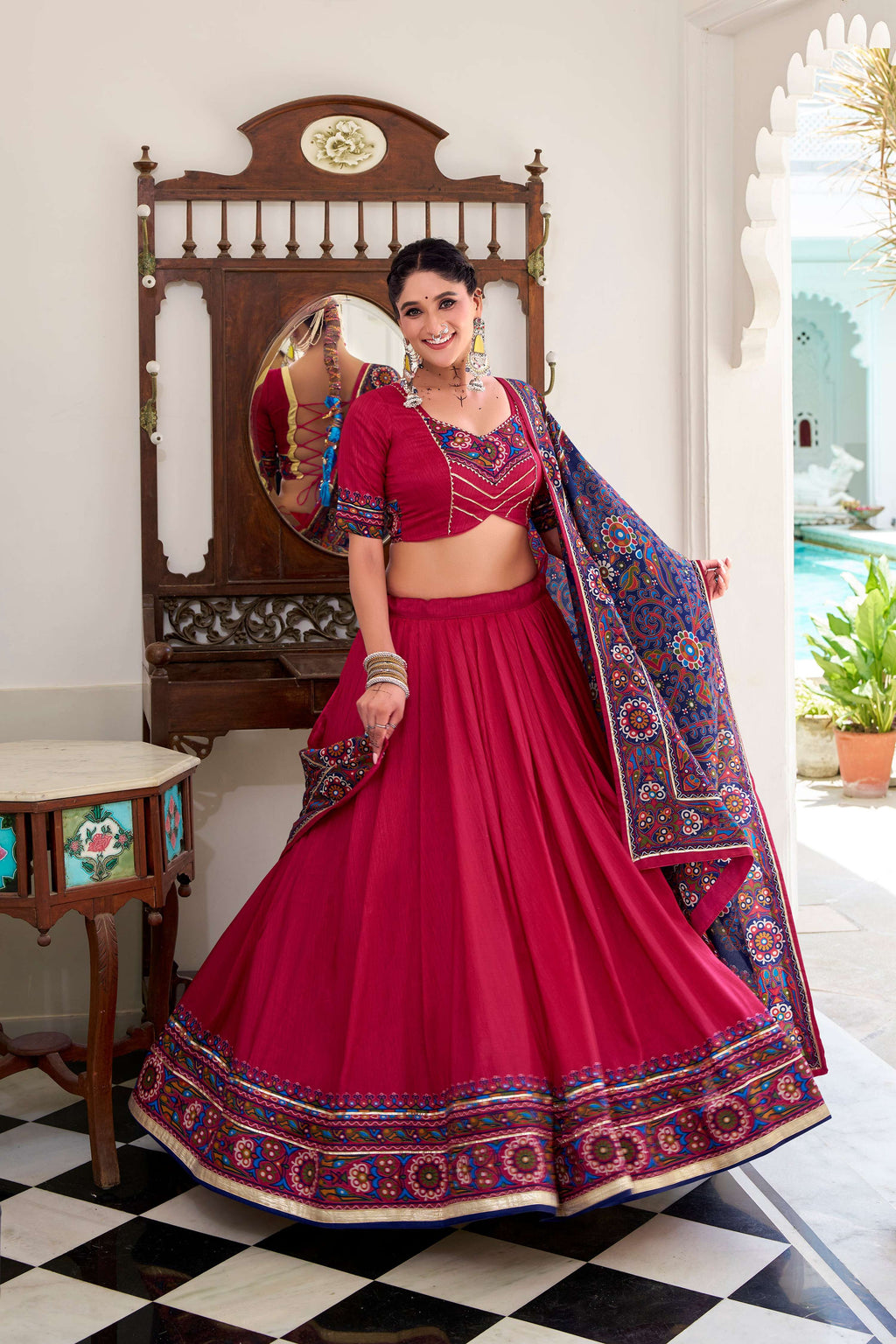 Lorenvalley Fashion Pink Tasar Silk Gamthi Print With Embossed Design And Gotta Patti Lace Touch Up Lehenga Choli with Dupatta | Grocsy