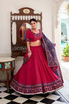 Lorenvalley Fashion Pink Tasar Silk Gamthi Print With Embossed Design And Gotta Patti Lace Touch Up Lehenga Choli with Dupatta | Grocsy