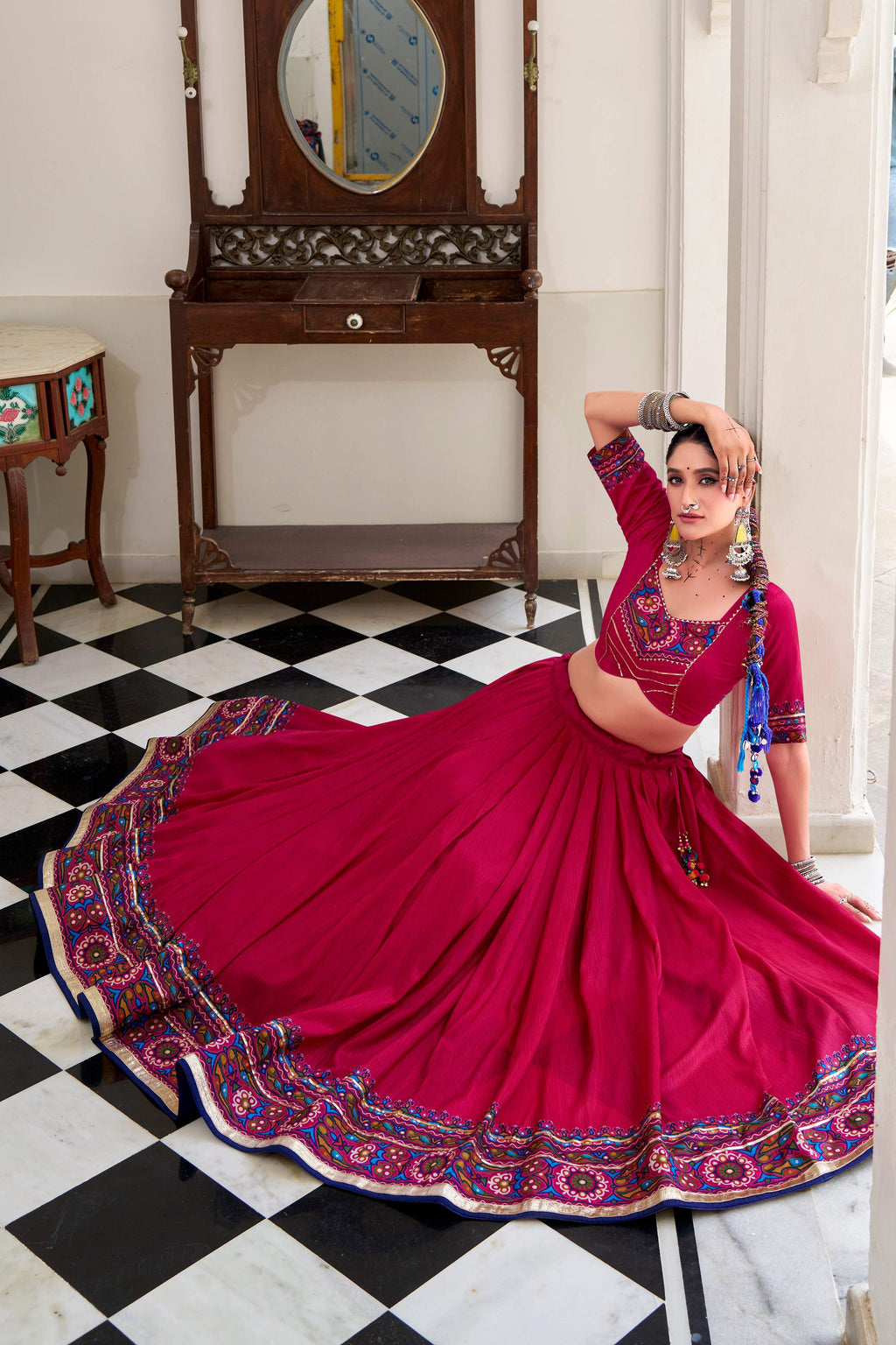 Lorenvalley Fashion Pink Tasar Silk Gamthi Print With Embossed Design And Gotta Patti Lace Touch Up Lehenga Choli with Dupatta | Grocsy