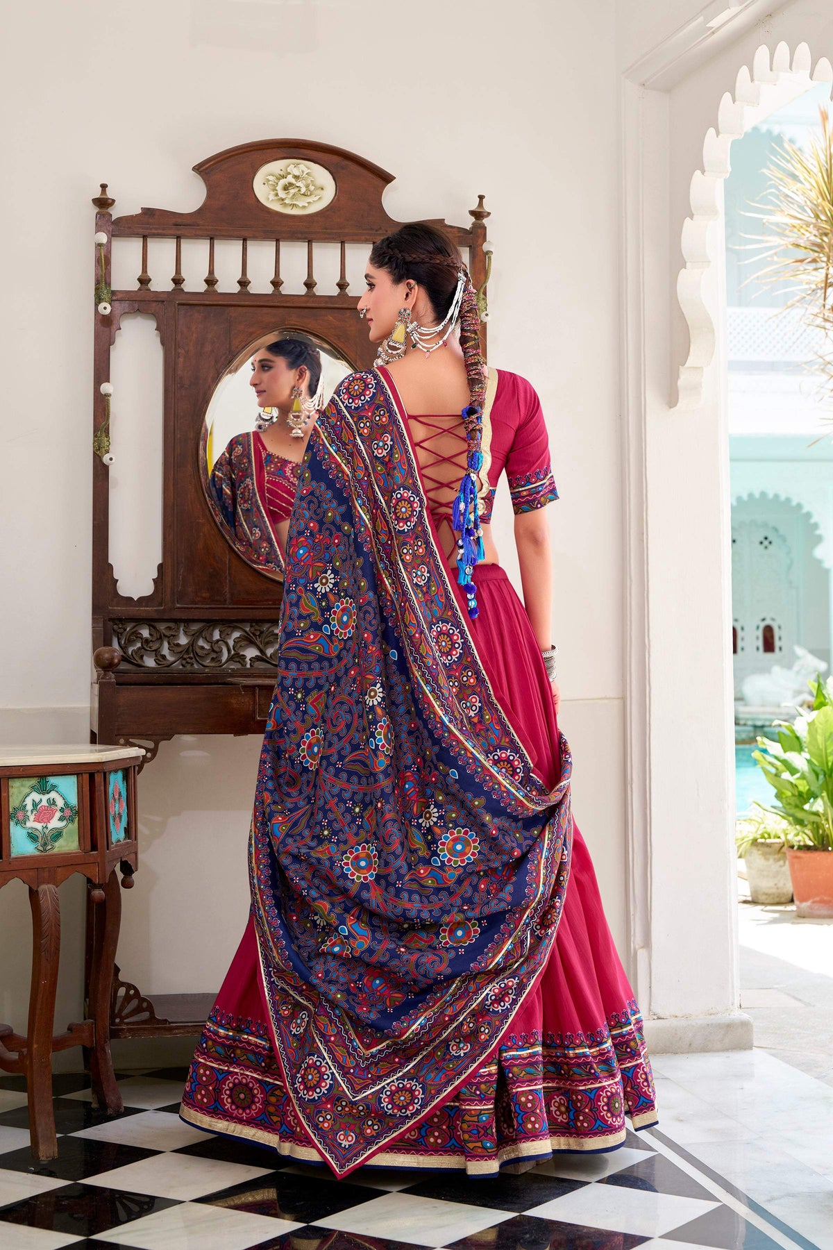 Lorenvalley Fashion Pink Tasar Silk Gamthi Print With Embossed Design And Gotta Patti Lace Touch Up Lehenga Choli with Dupatta | Grocsy