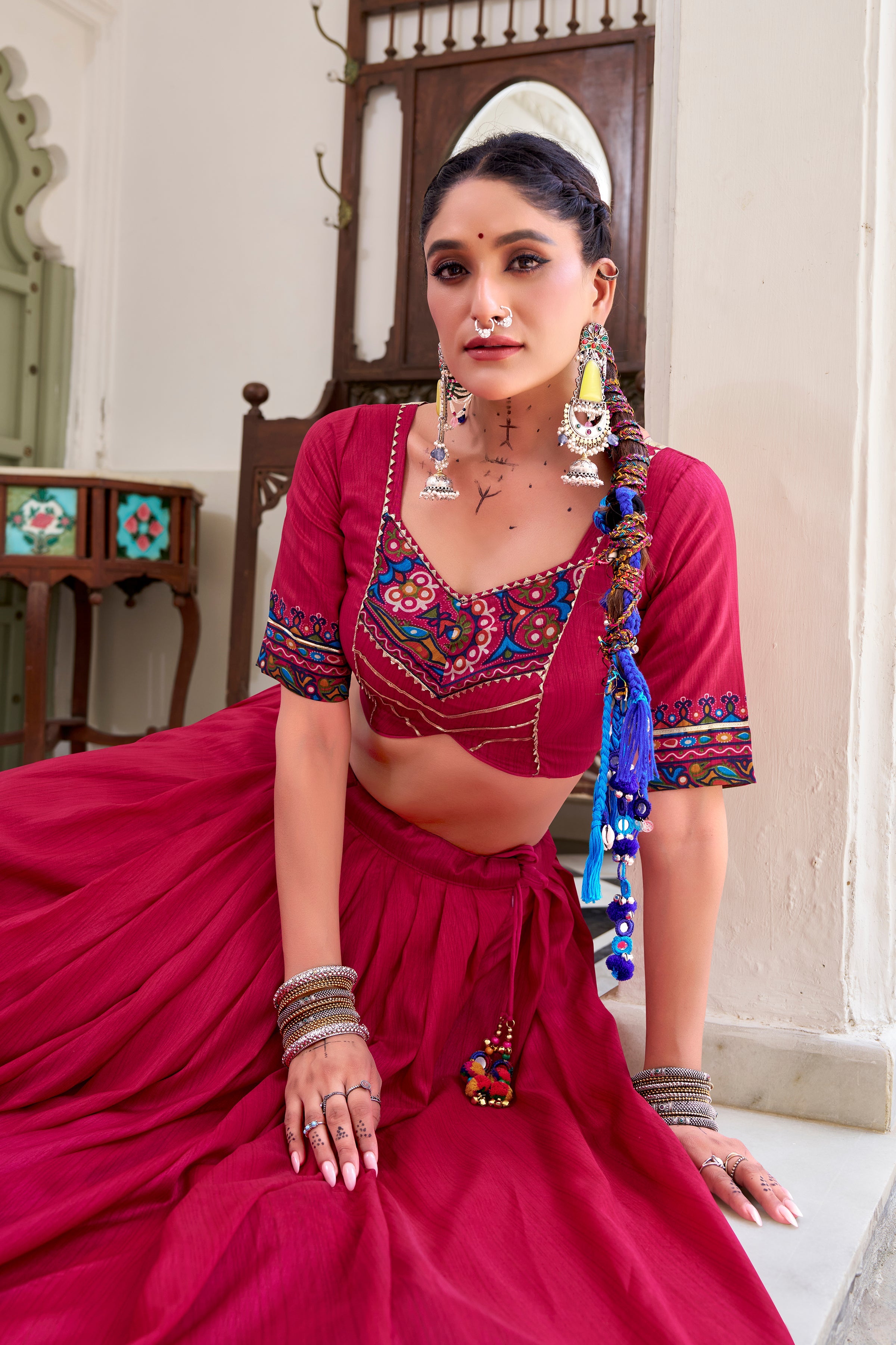 Lorenvalley Fashion Pink Tasar Silk Gamthi Print With Embossed Design And Gotta Patti Lace Touch Up Lehenga Choli with Dupatta | Grocsy