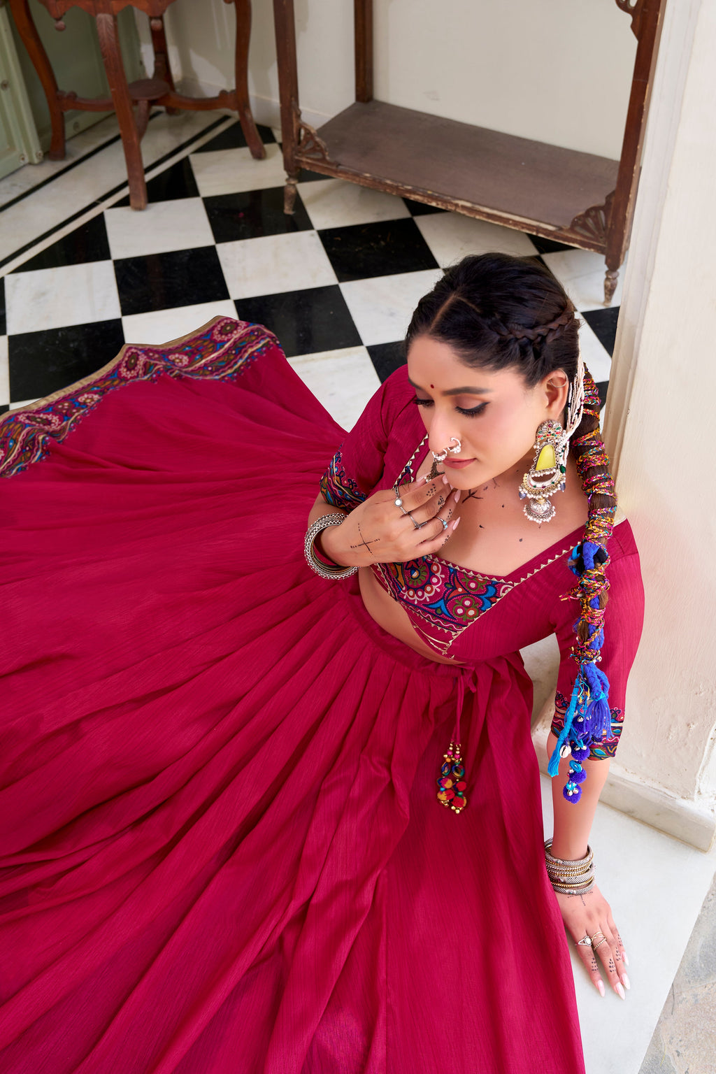 Lorenvalley Fashion Pink Tasar Silk Gamthi Print With Embossed Design And Gotta Patti Lace Touch Up Lehenga Choli with Dupatta | Grocsy