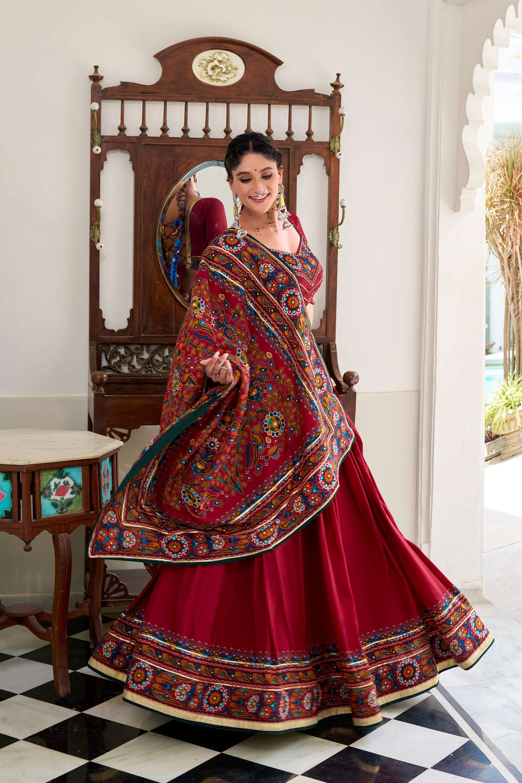 Lorenvalley Fashion Red Tasar Silk Gamthi Print With Embossed Design And Gotta Patti Lace Touch Up Lehenga Choli with Dupatta | Grocsy